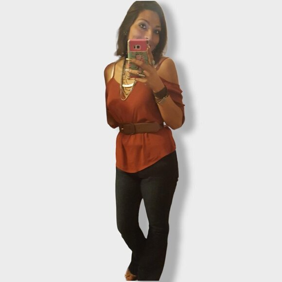 MERAKI Cold Shoulder Blouse Chiffon 3/4 Sleeve Cinnamon Color Size Small - Picture 9 of 10